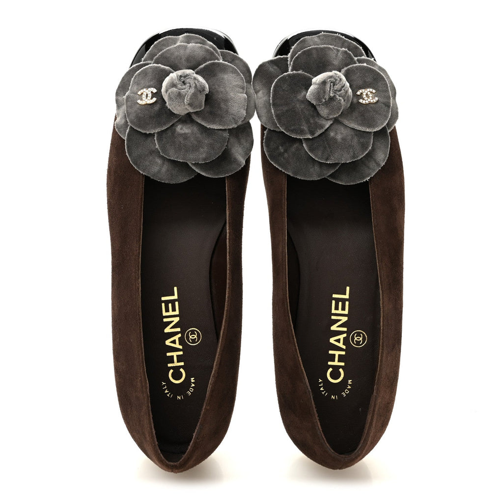 Suede Patent Cap Toe Camellia Ballerina Flats 37 Marron Gris