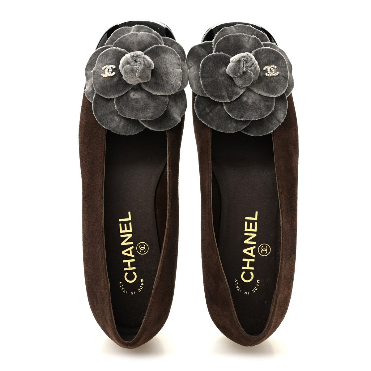 Suede Patent Cap Toe Camellia Ballerina Flats 37 Marron Gris