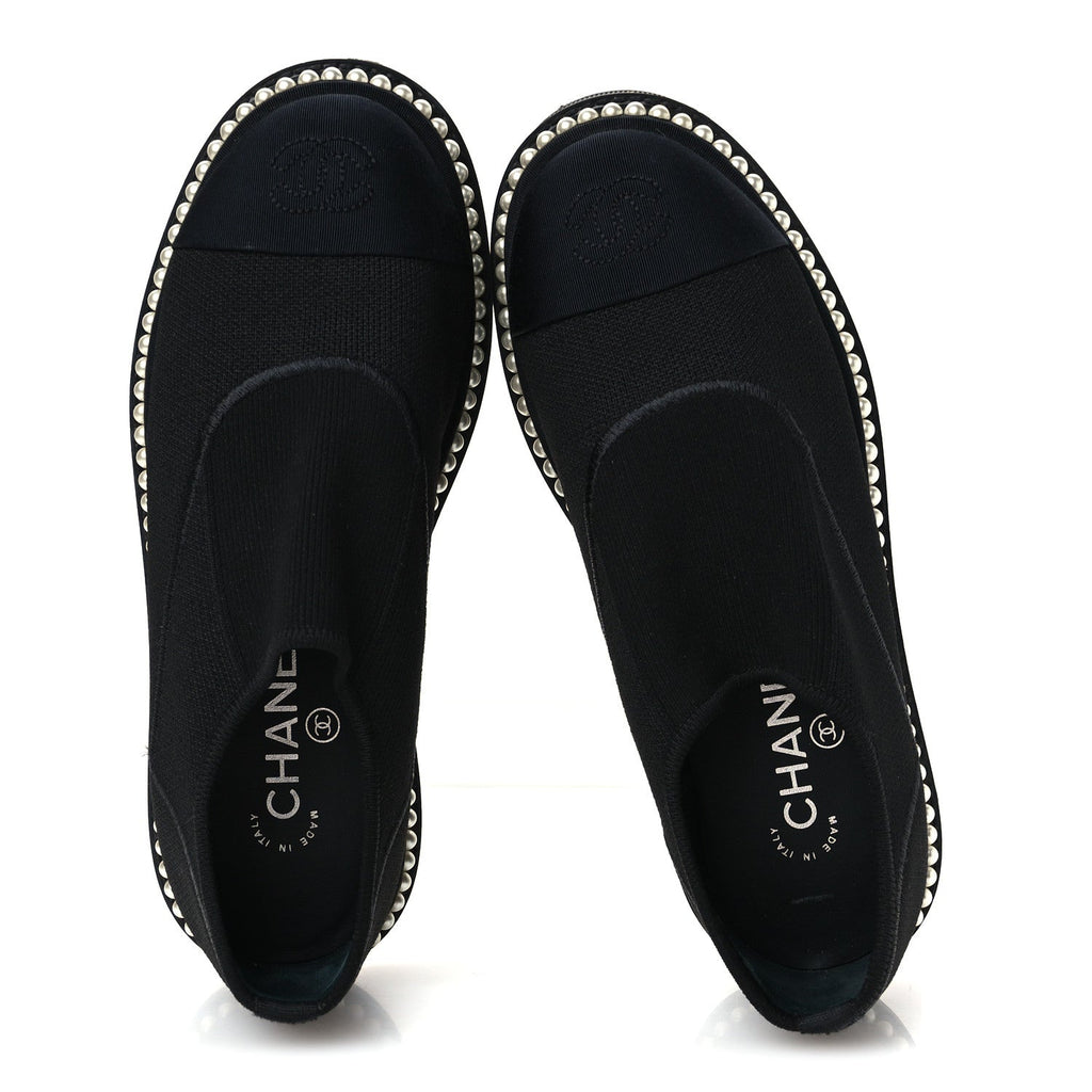 Stretch Fabric Grosgrain Pearl Cap Toe CC Moccasin Loafers 35.5 Black