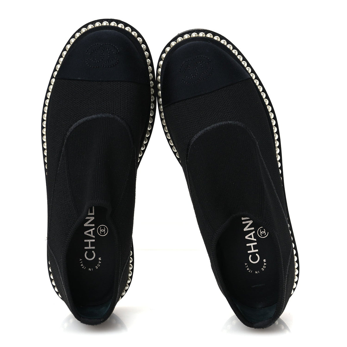 Stretch Fabric Grosgrain Pearl Cap Toe CC Moccasin Loafers 35.5 Black