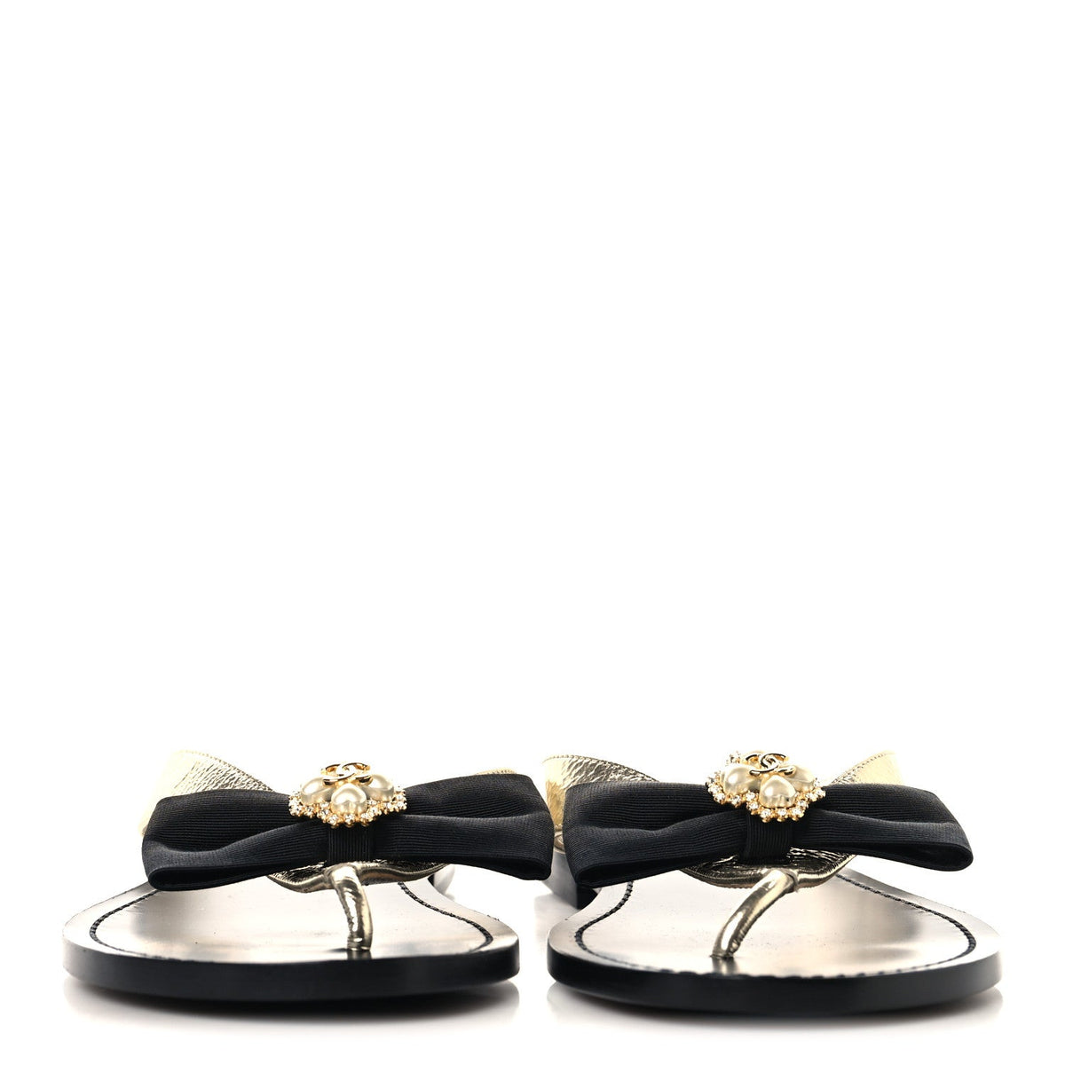 Metallic Laminated Goatskin Grosgrain Bow Pearl Thong Sandals 37 Gold