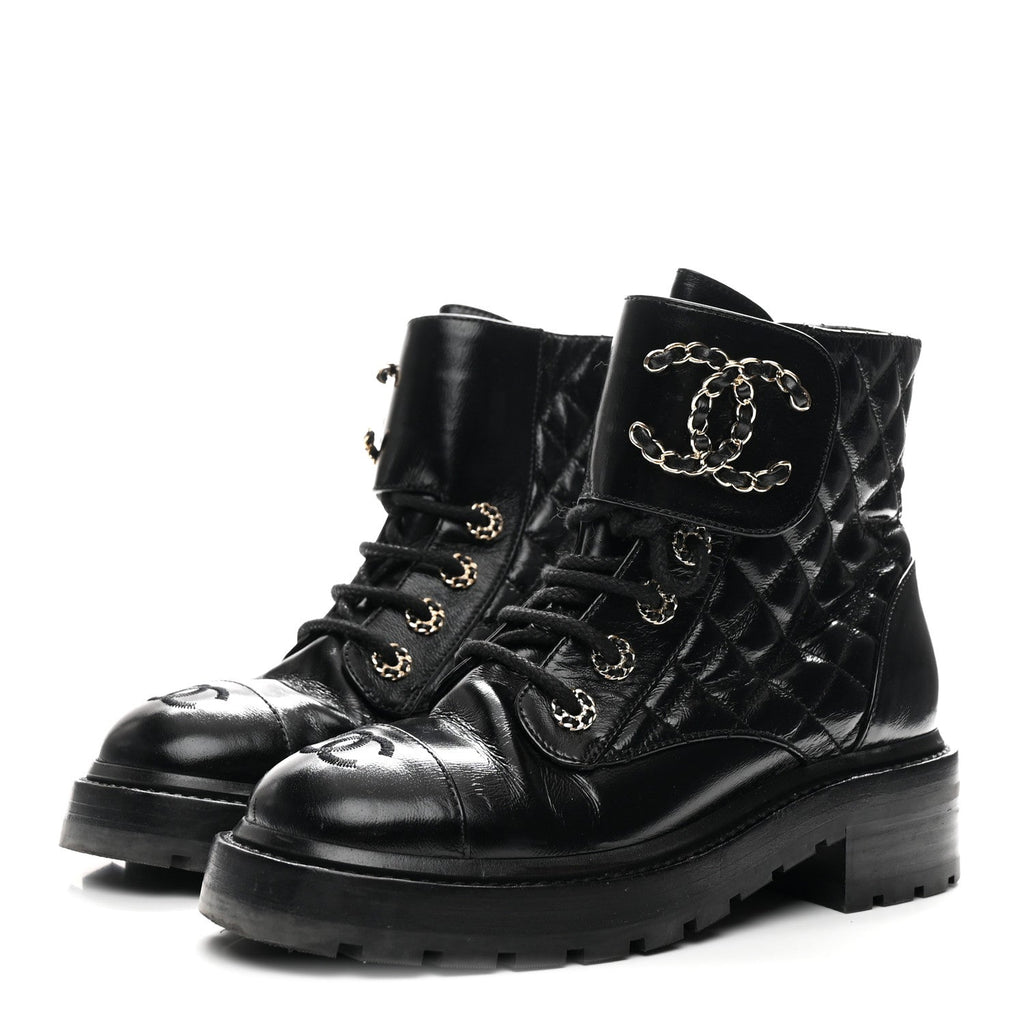 Shiny Calfskin Quilted Lace Up Combat Boots 36 Black