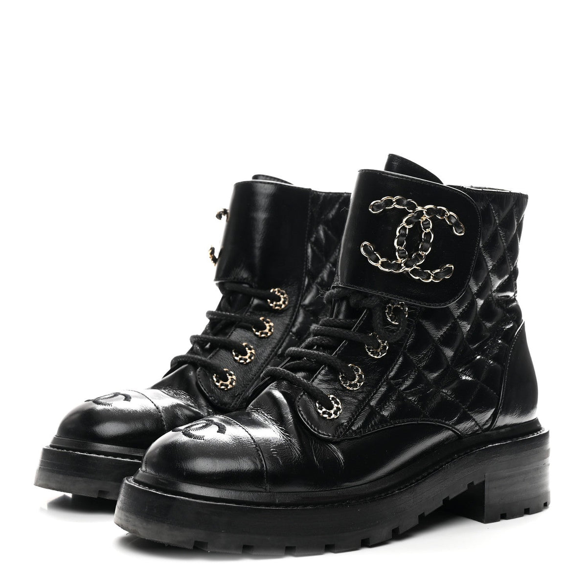 Shiny Calfskin Quilted Lace Up Combat Boots 36 Black