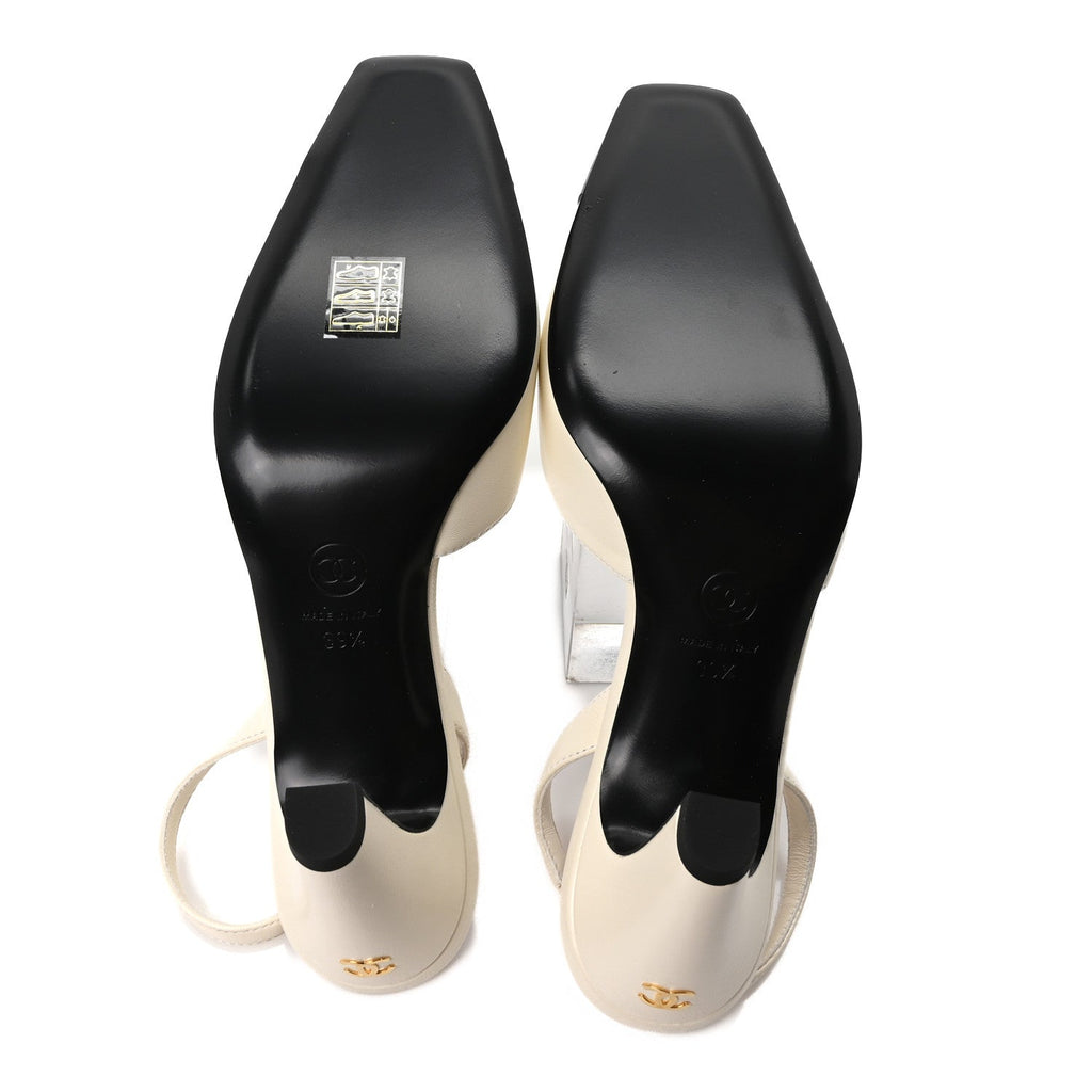 Lambskin Patent Calfskin Cap Toe CC Slingback Pumps 39.5 Ivory Black