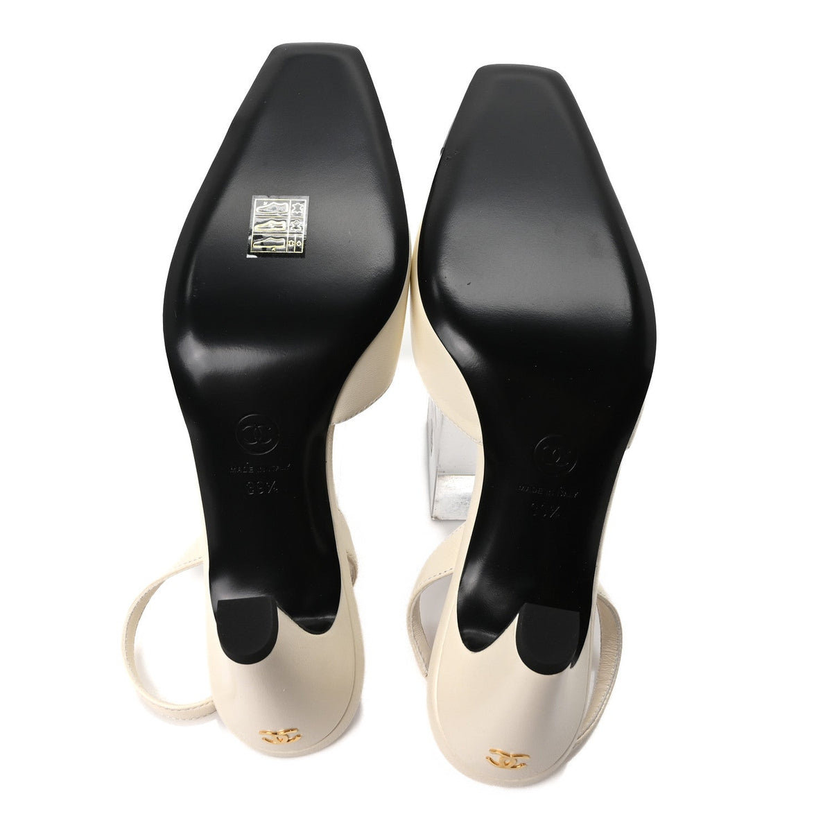Lambskin Patent Calfskin Cap Toe CC Slingback Pumps 39.5 Ivory Black