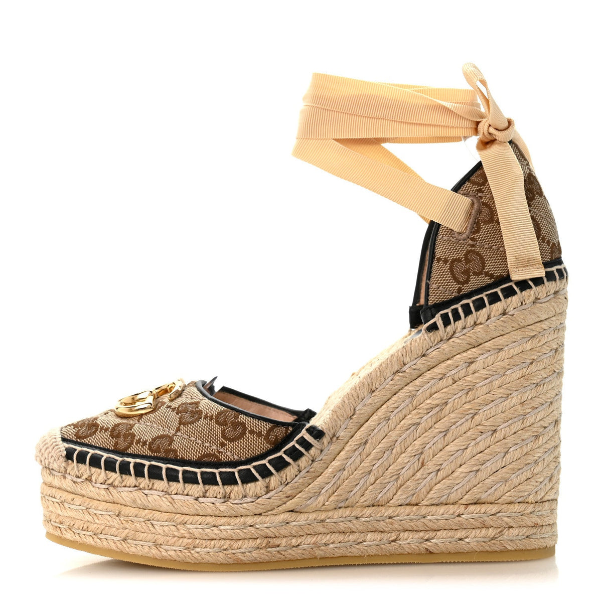 Monogram Matelasse GG Marmont Ankle Wrap Platform 35/120mm Espadrille Wedges 37 Beige Ebony Black Sand Storm