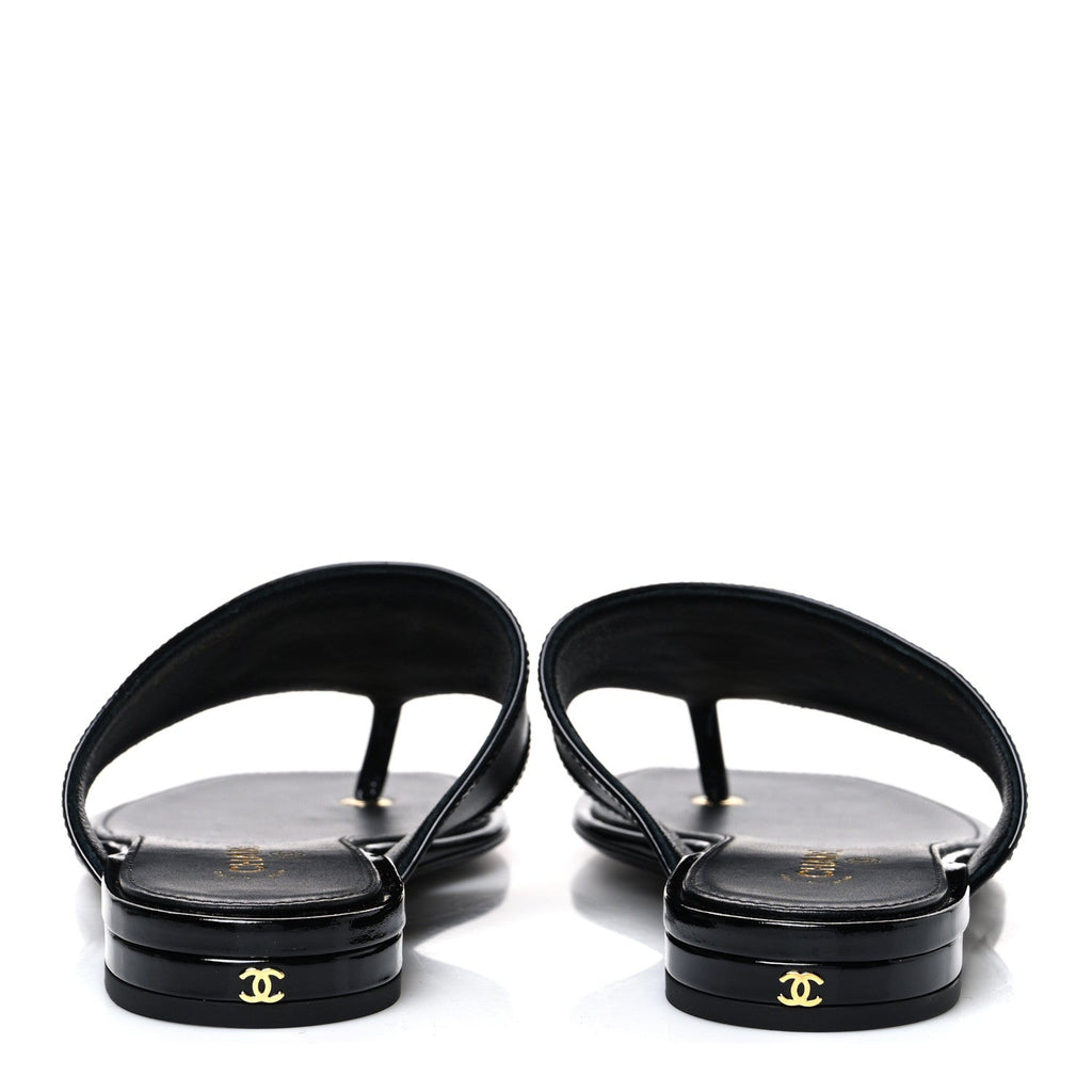 Lambskin Patent Calfskin CC Thong Sandals  37 Black