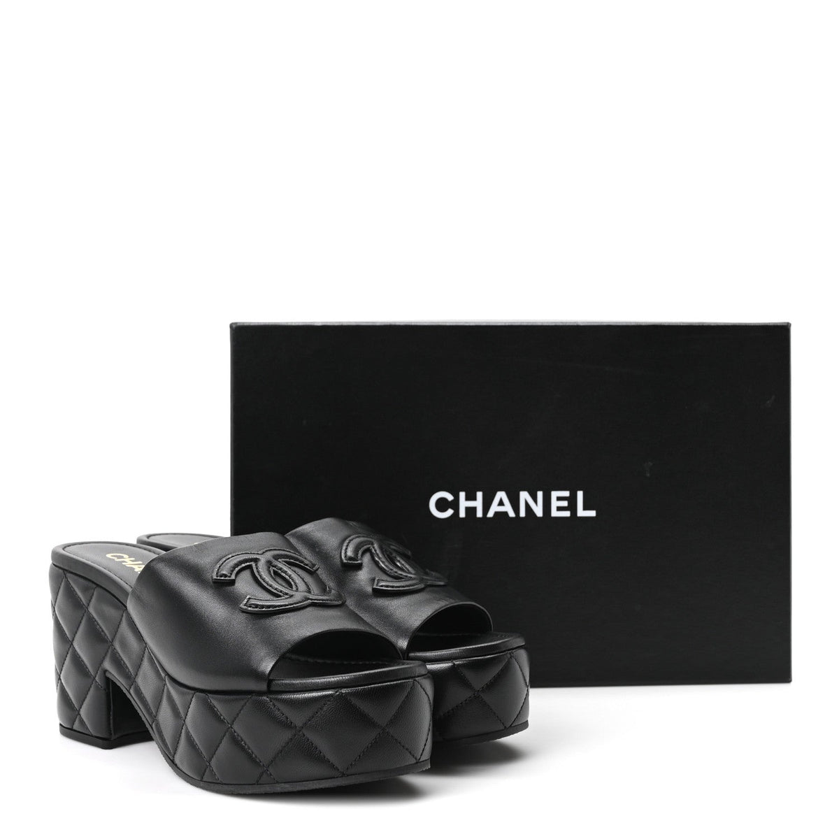 Lambskin Quilted CC Platform Mules 38.5 Black
