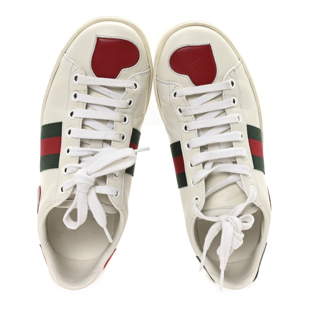 Calfskin Web Heart Embroidered Womens Ace Sneakers 36 White