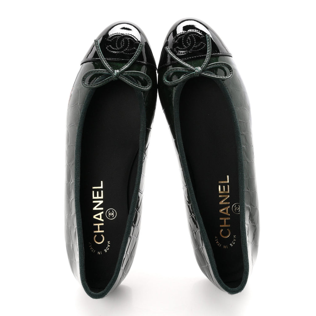Patent Calfskin Crocodile Embossed Ballerina Flats 36.5 Dark Green Black