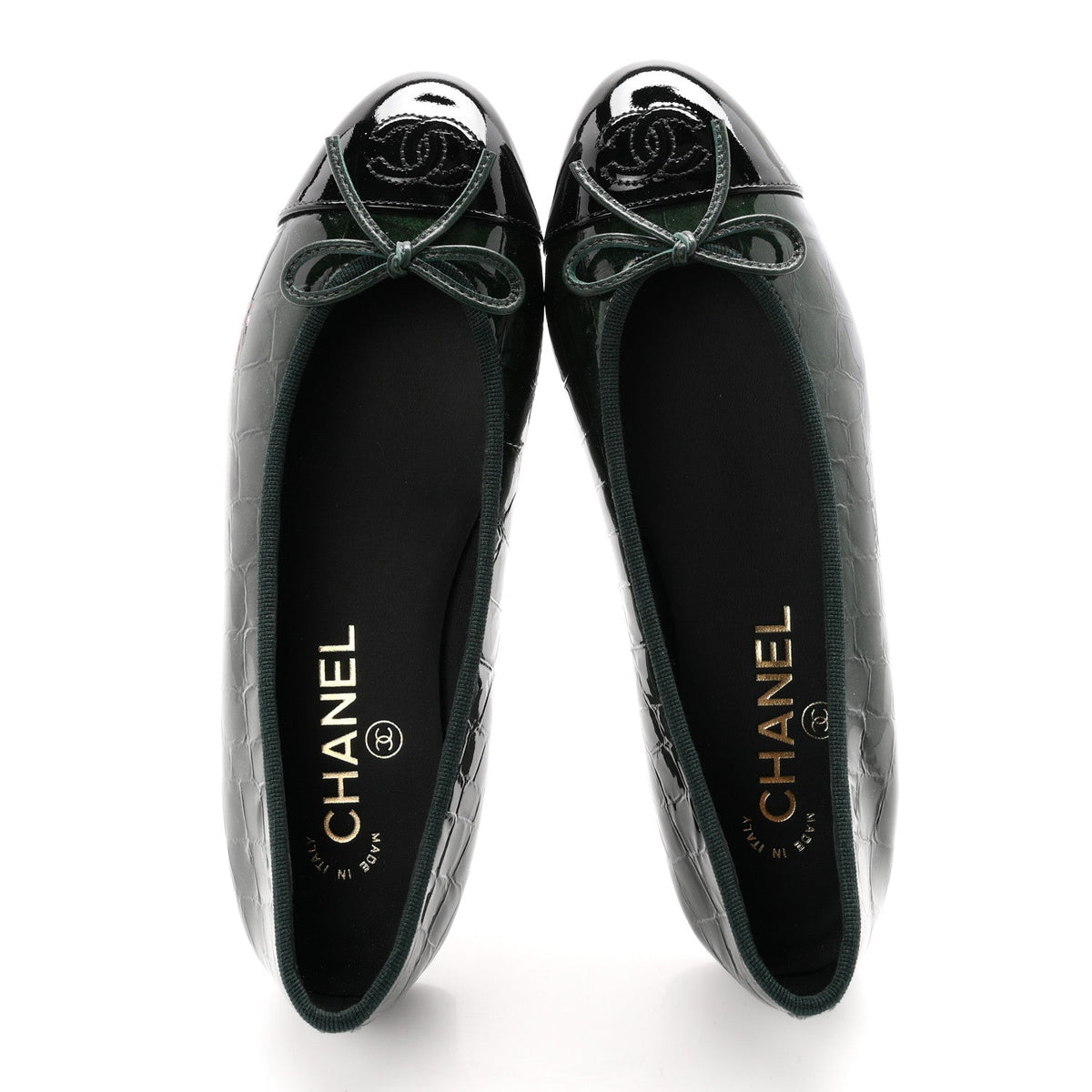 Patent Calfskin Crocodile Embossed Ballerina Flats 36.5 Dark Green Black