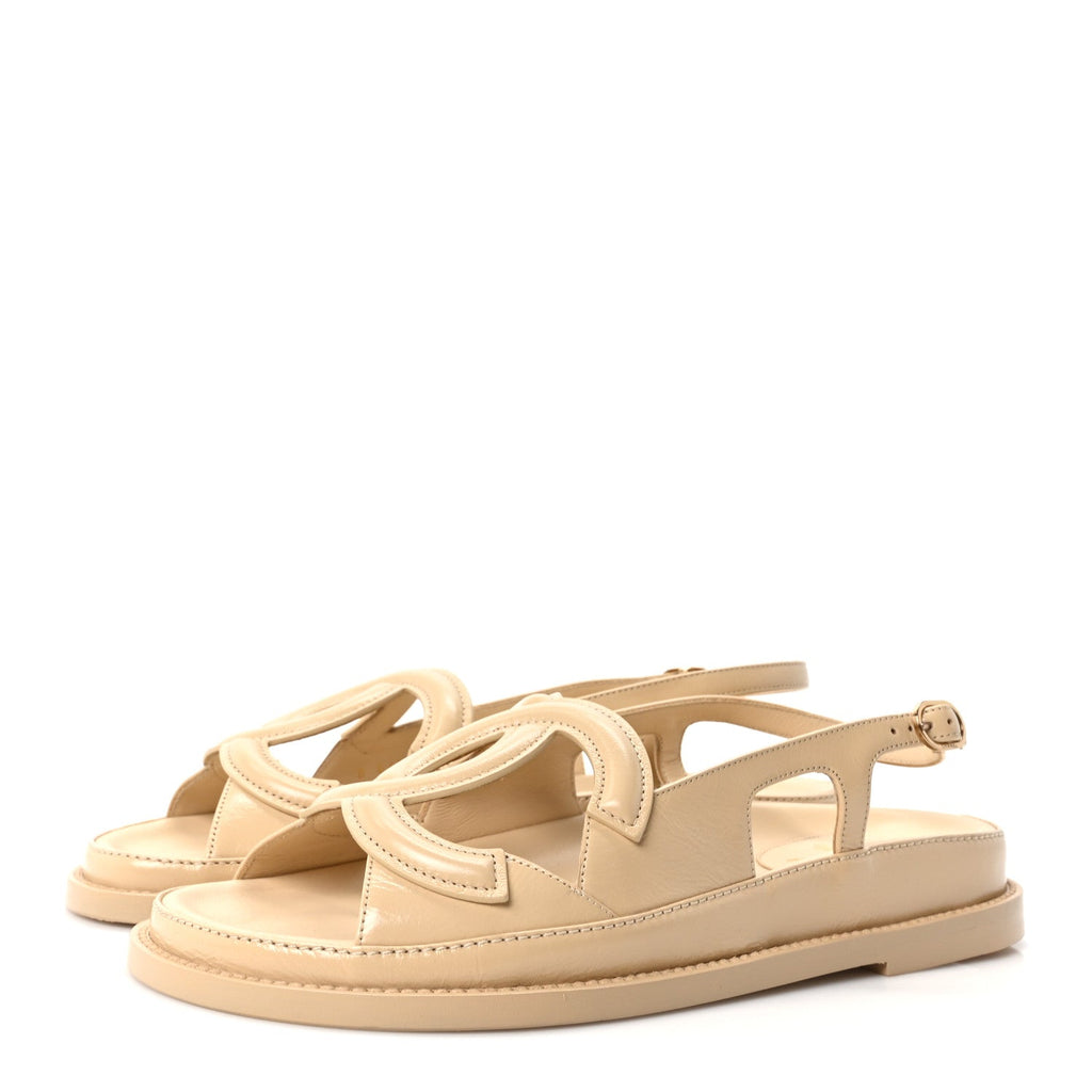Shiny Crumpled Lambskin CC Cut Out Sandals 38 Beige