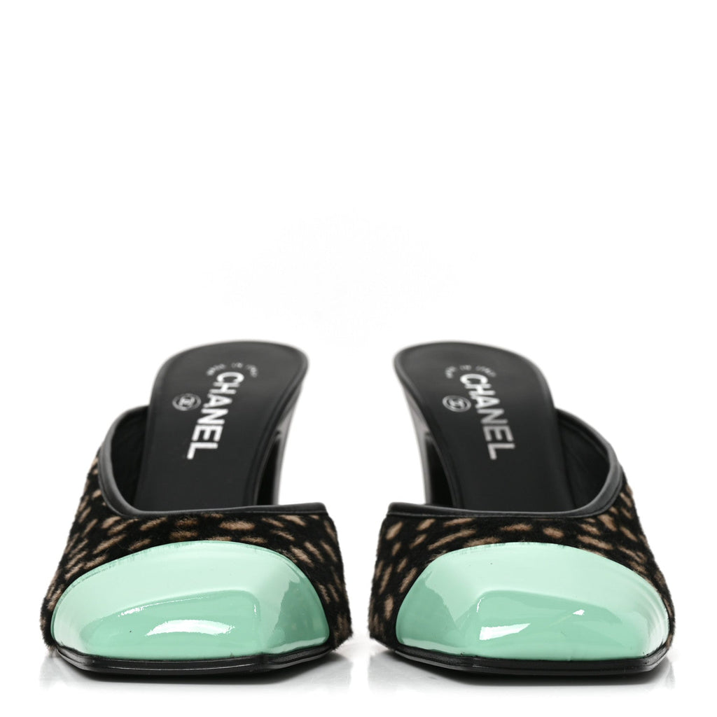 Pony Hair Lambskin Patent Calfskin Cap Toe Mules 39 Black White Green