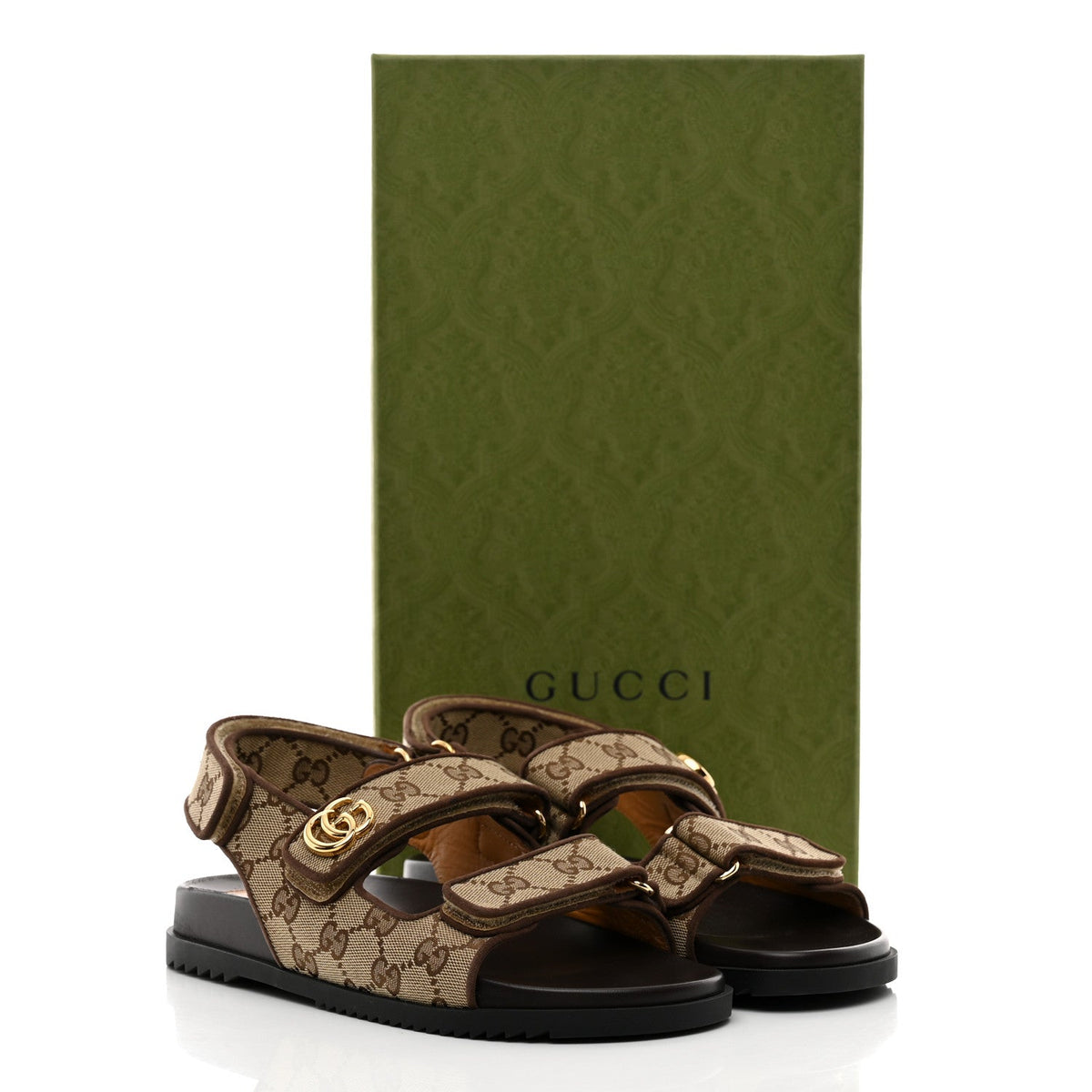 GG Monogram Lavaredo Eco Fabric Womens Slide Sandals With Straps 37 Beige Ebony Light Brown