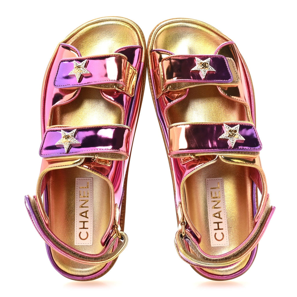 Metallic Laminated Calfskin Crystal Star CC Velcro Dad Sandals 37.5 Pink Orange Yellow