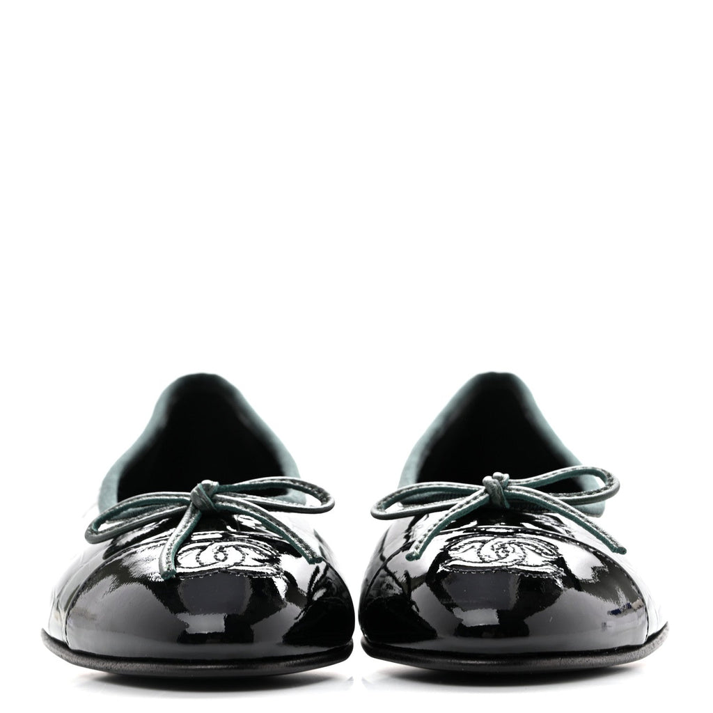 Crocodile Embossed Patent Calfskin Cap Toe CC Ballerina Flats 35.5 Dark Green Black
