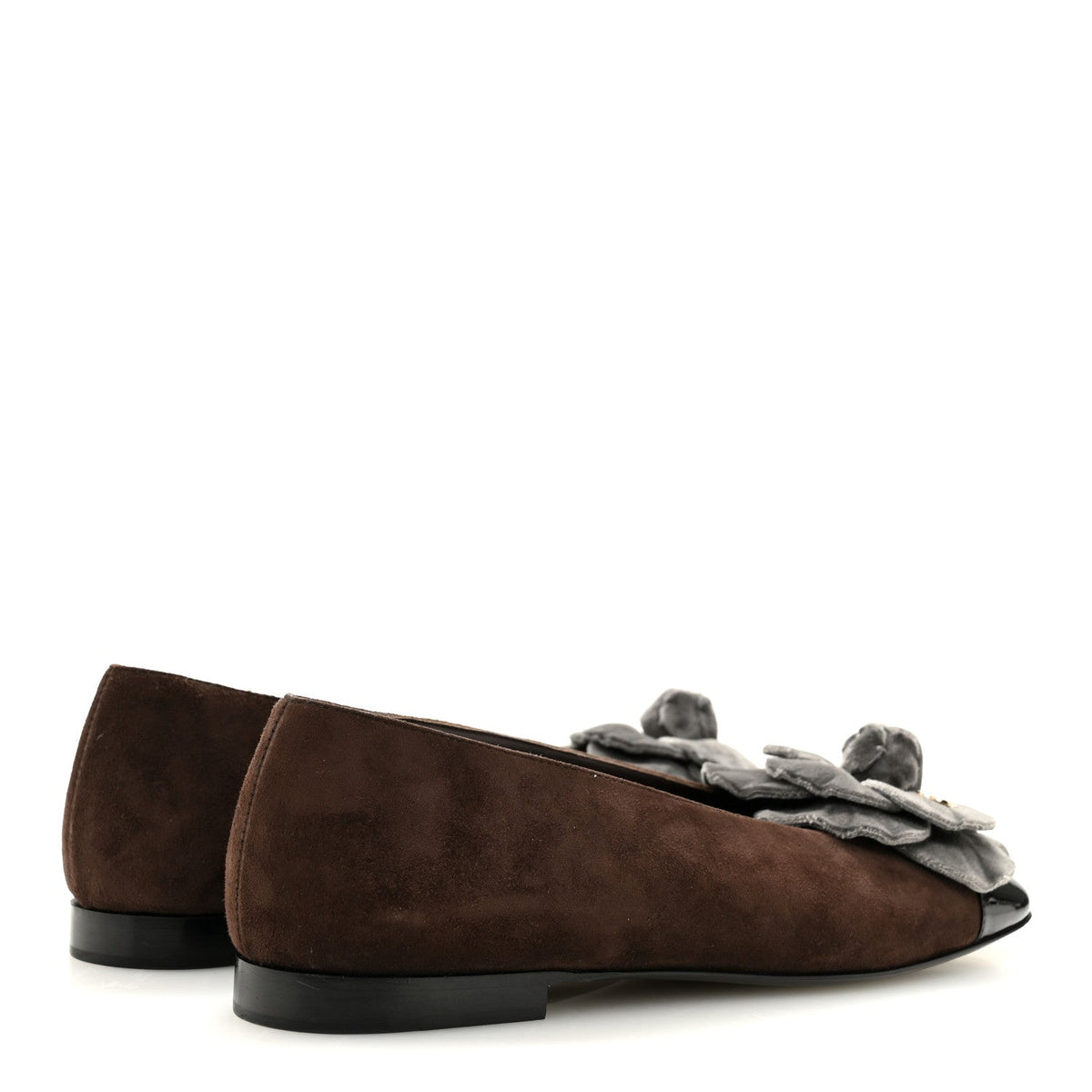 Suede Patent Cap Toe Camellia Ballerina Flats 37 Marron Gris