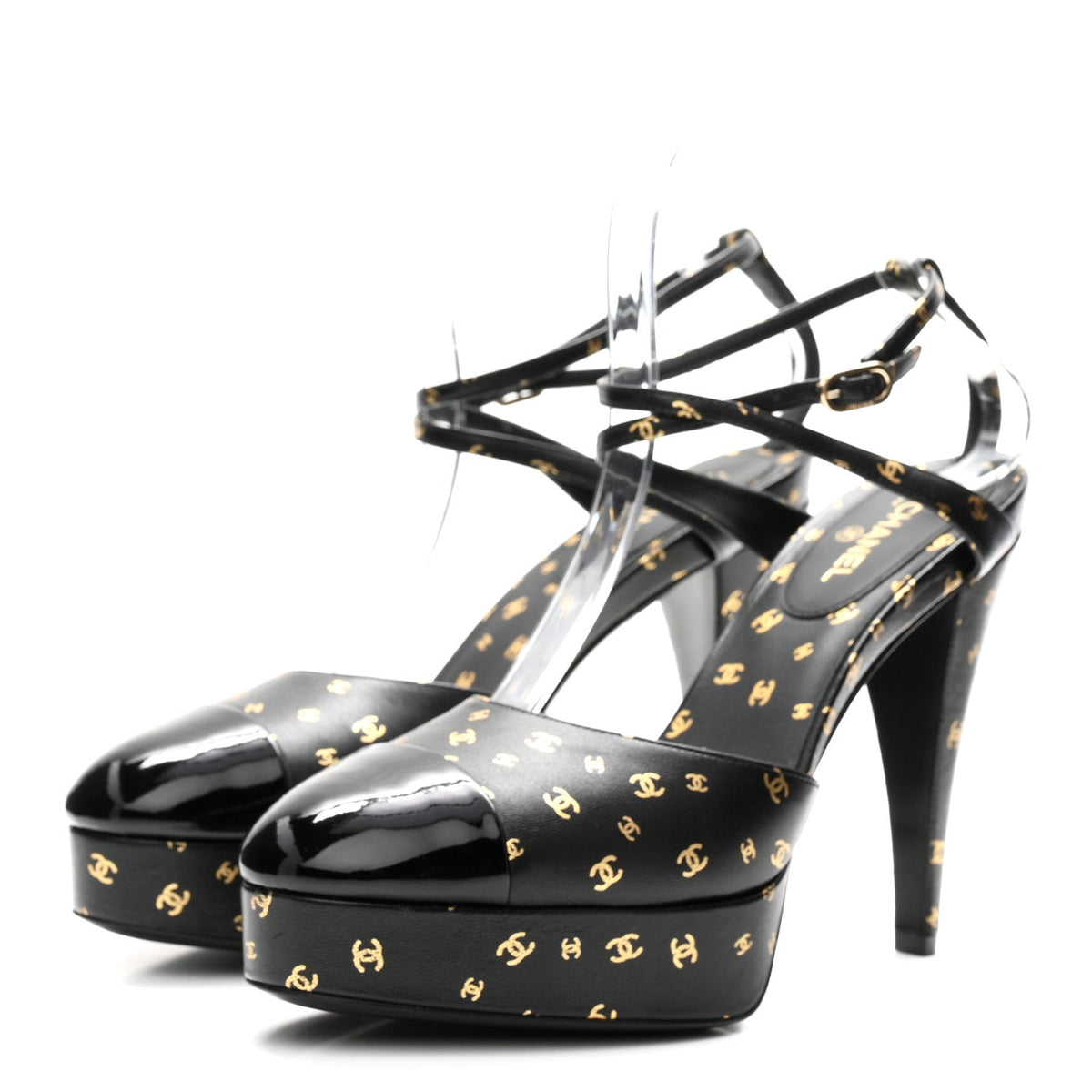 Printed Lambskin Patent Calfskin CC Platform Pumps 39.5 Black Gold