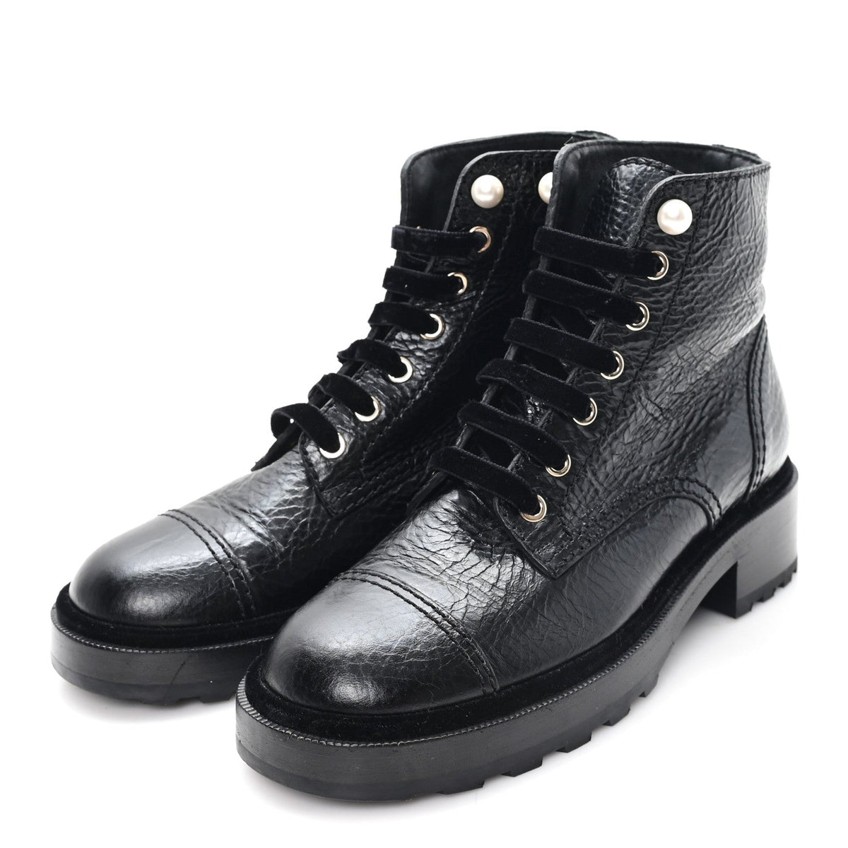 Shiny Calfskin Velvet Pearl Combat Short Boots 37.5 Black