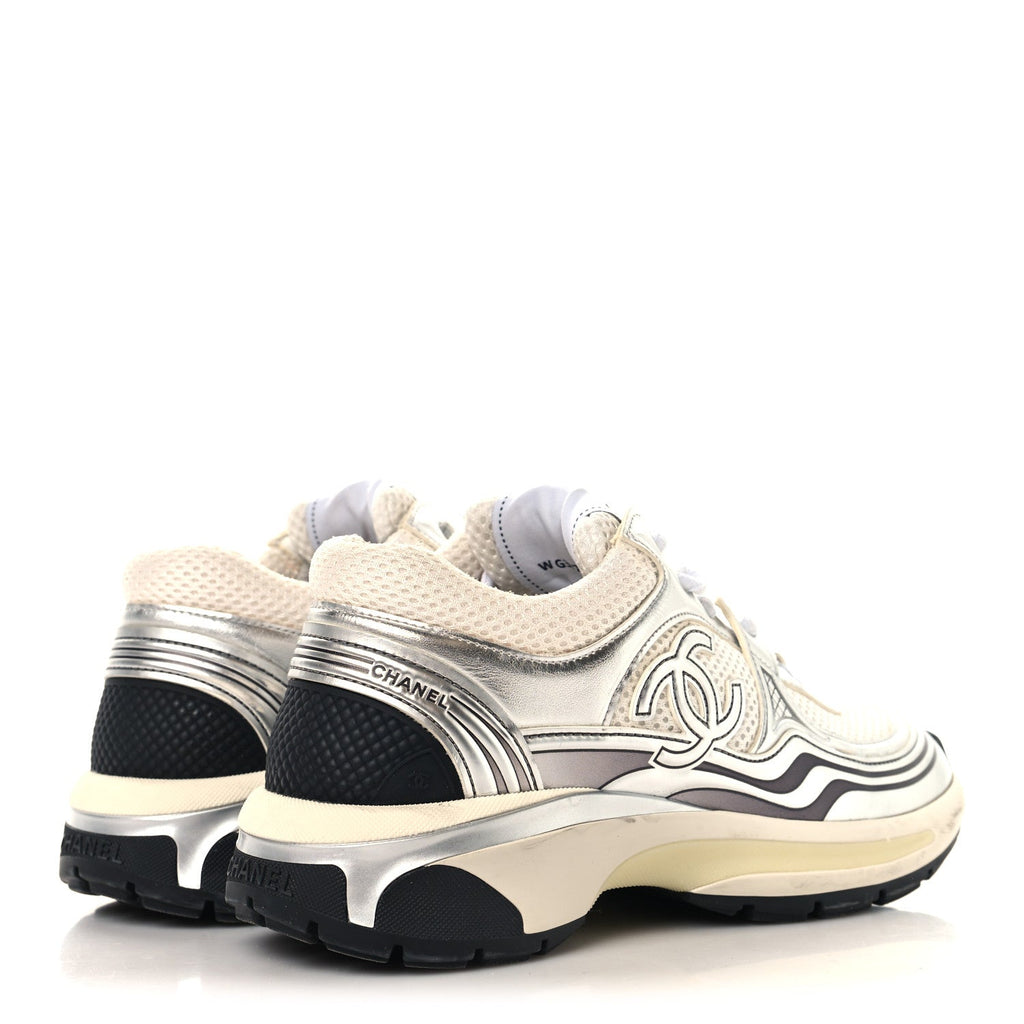 Fabric Laminated Calfskin Stretch CC Womens Sneakers 36 White Silver