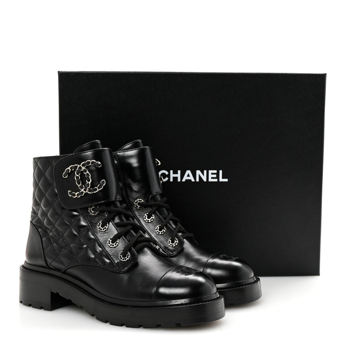 Shiny Lambskin Quilted Lace Up Combat Boots 39 Black