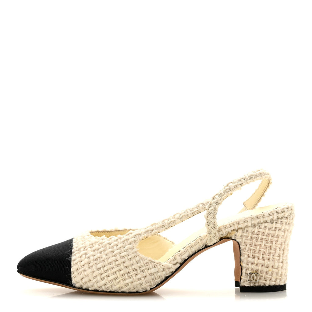 Tweed Cap Toe CC Slingback Pumps 36 Ivory Black