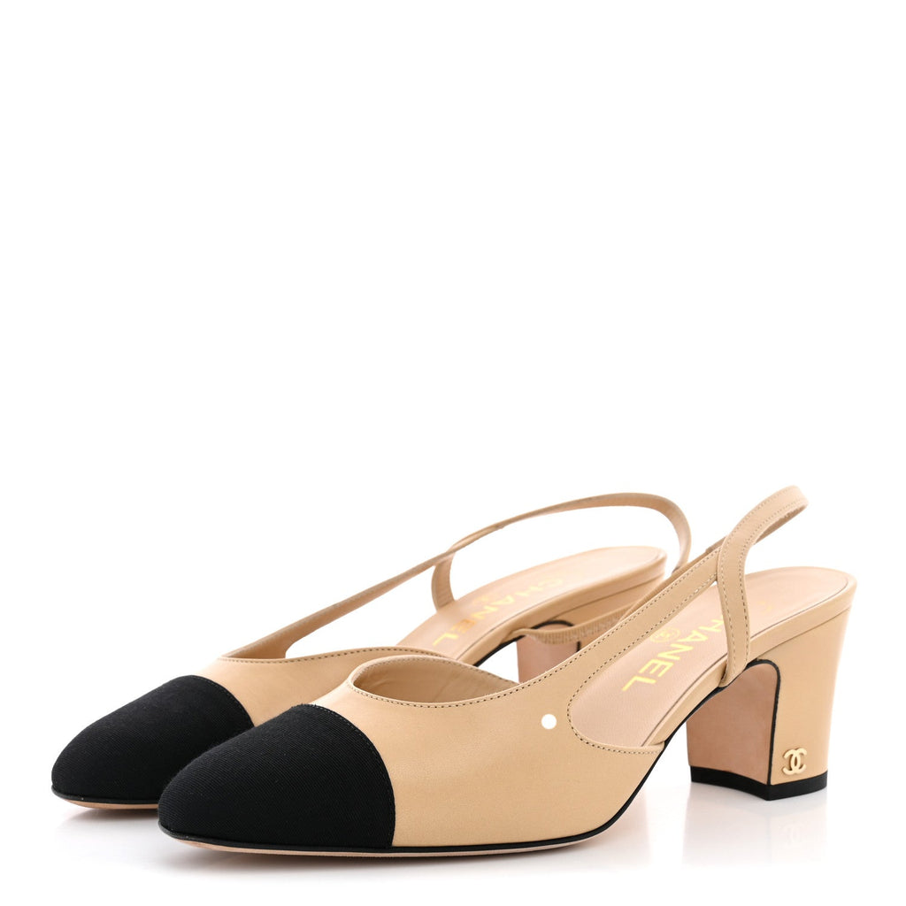 Goatskin Grosgrain Cap Toe CC Slingback Pumps 38 Beige Black