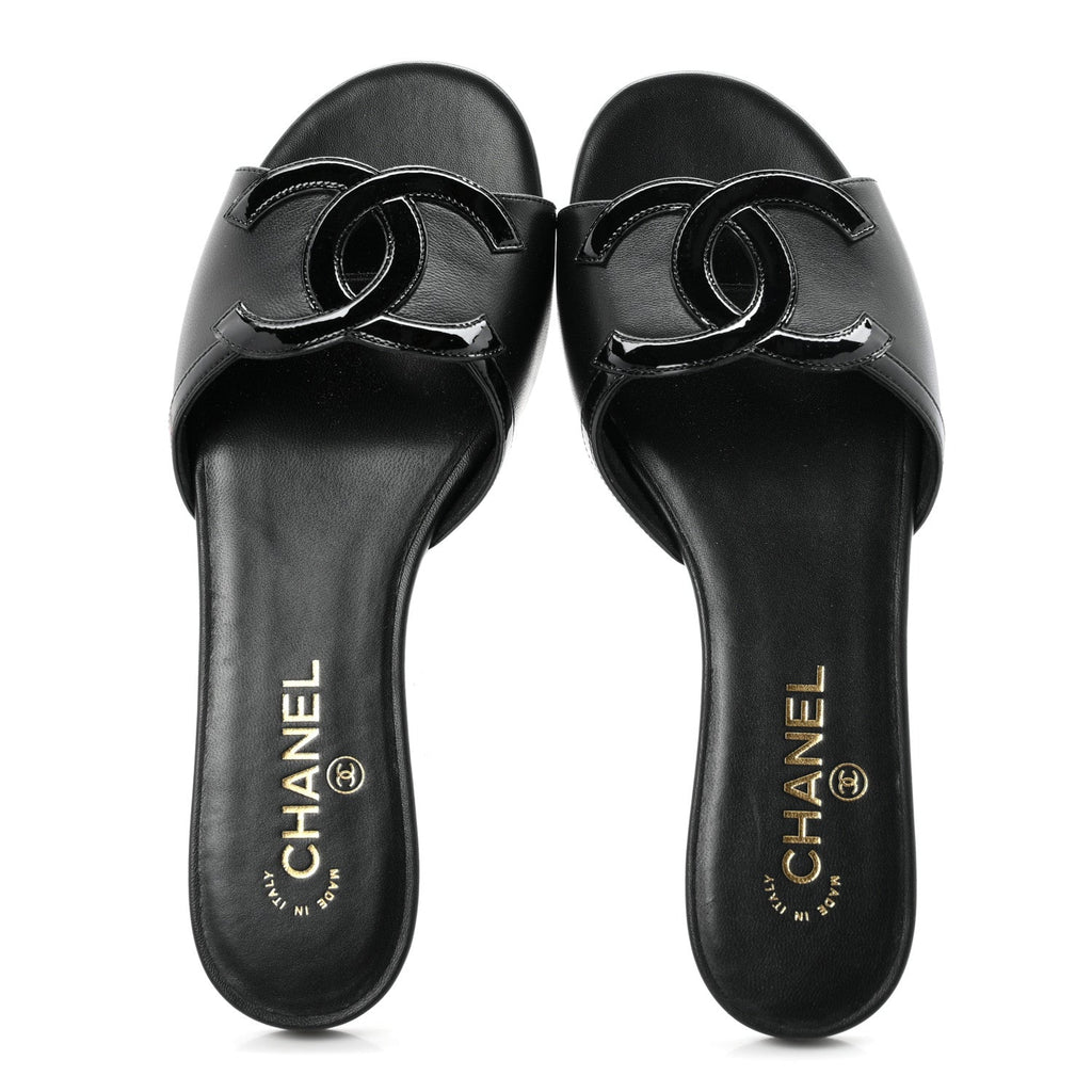 Lambskin Patent Calfskin CC Cutout Mules 39.5 Black