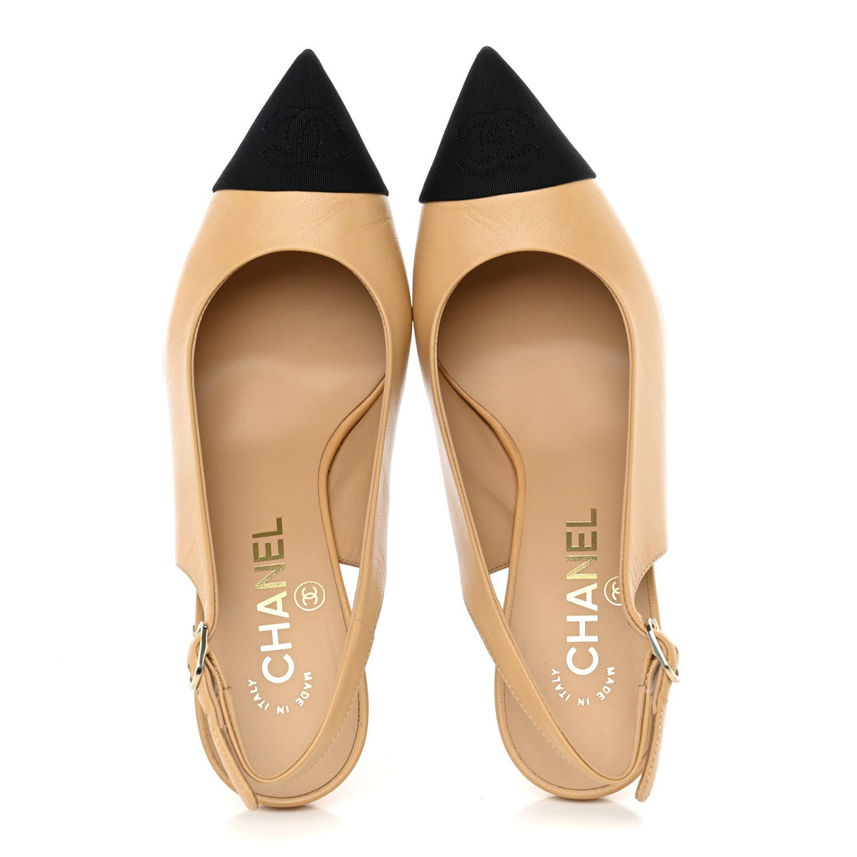 Goatskin Grosgrain Pointed Cap Toe CC Slingback Pumps 36 Beige Black