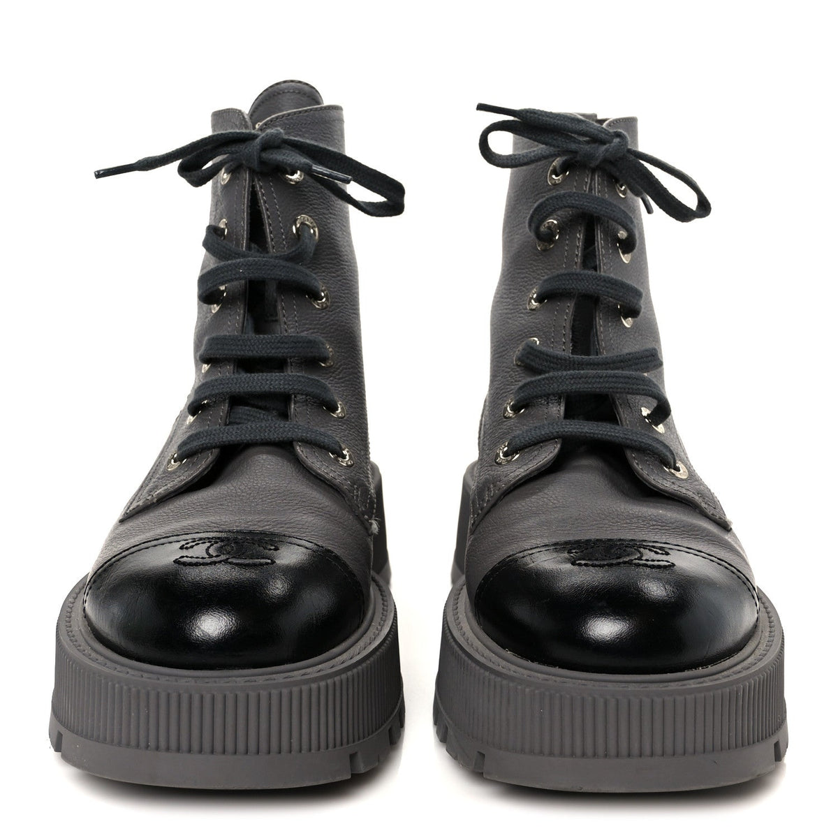 Grained Calfskin Shiny Calfskin CC Lace Up Combat Boots 41 Gray Black