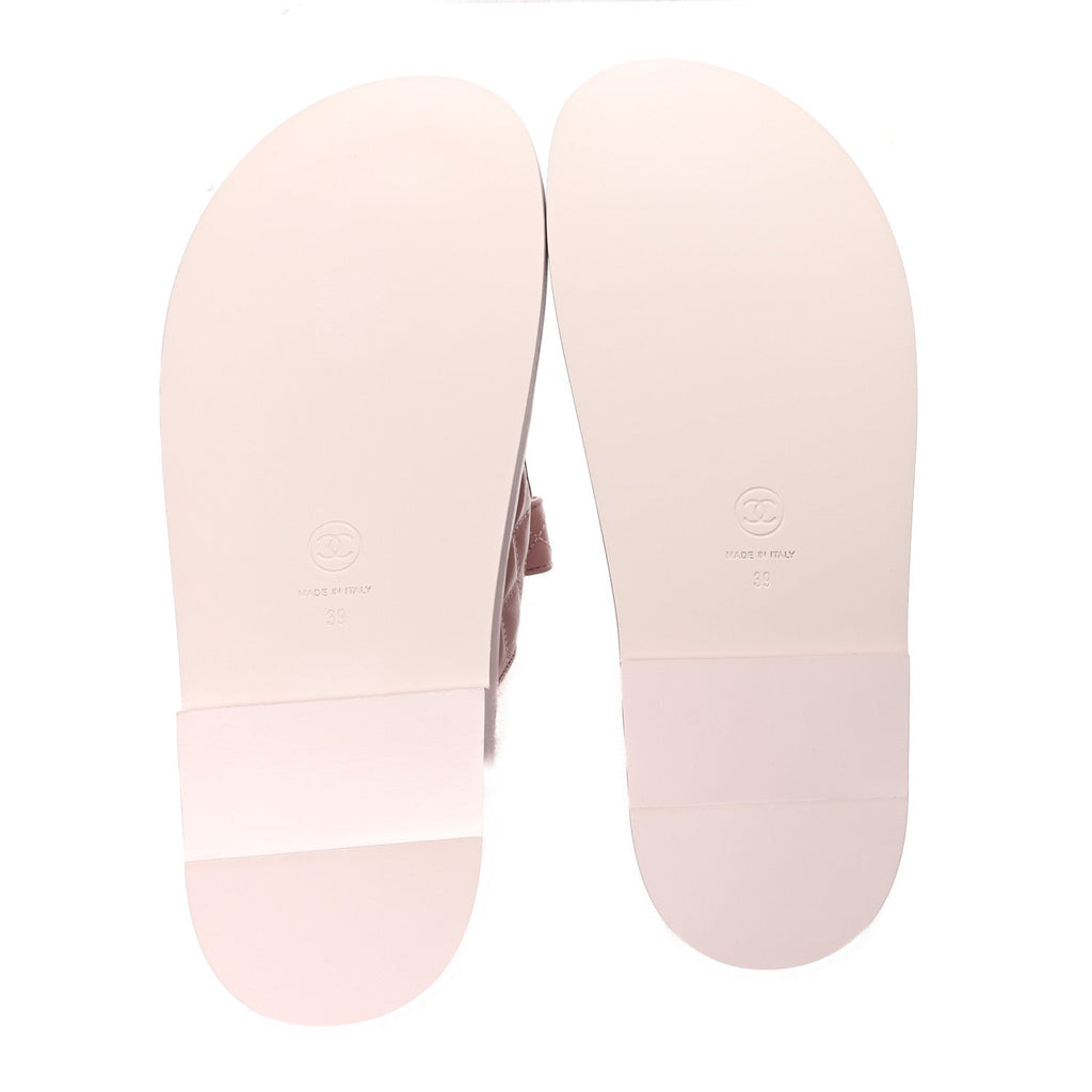 Shiny Calfskin Quilted Velcro Dad Crystal CC Slide Sandals 39 Light Pink