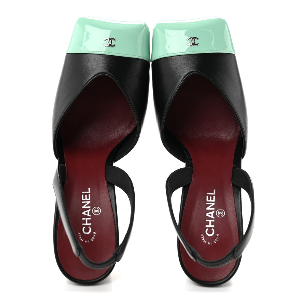 Lambskin Patent Calfskin Square Cap Toe CC Slingback Pumps 36.5 Black Green