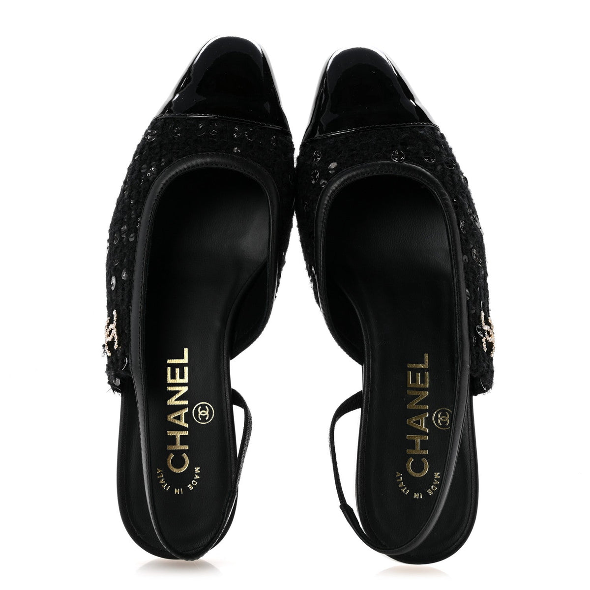 Tweed Patent Calfskin Cap Toe CC Slingback Flats 36 Black