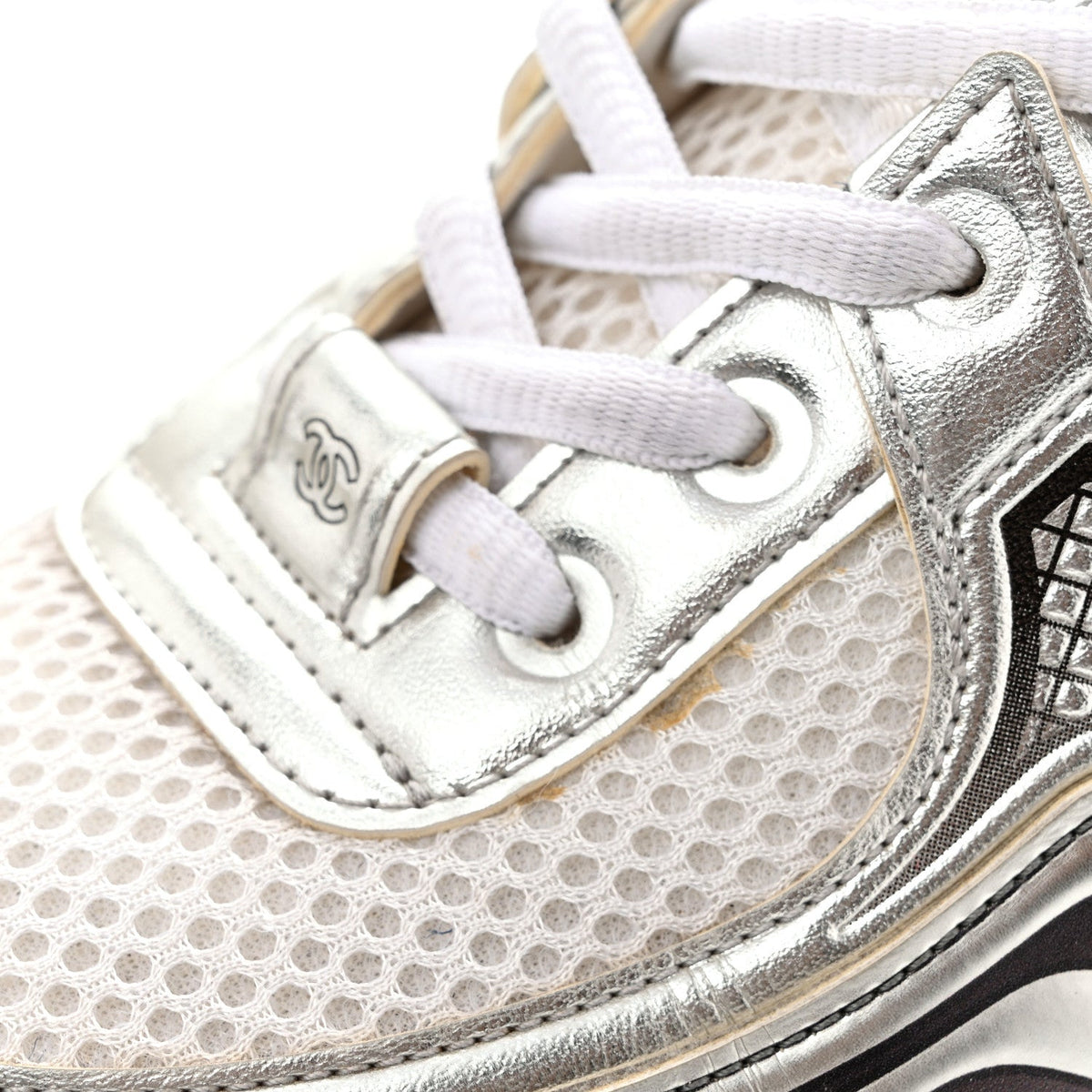 Fabric Laminated Calfskin Stretch CC Womens Sneakers 39.5 White Silver