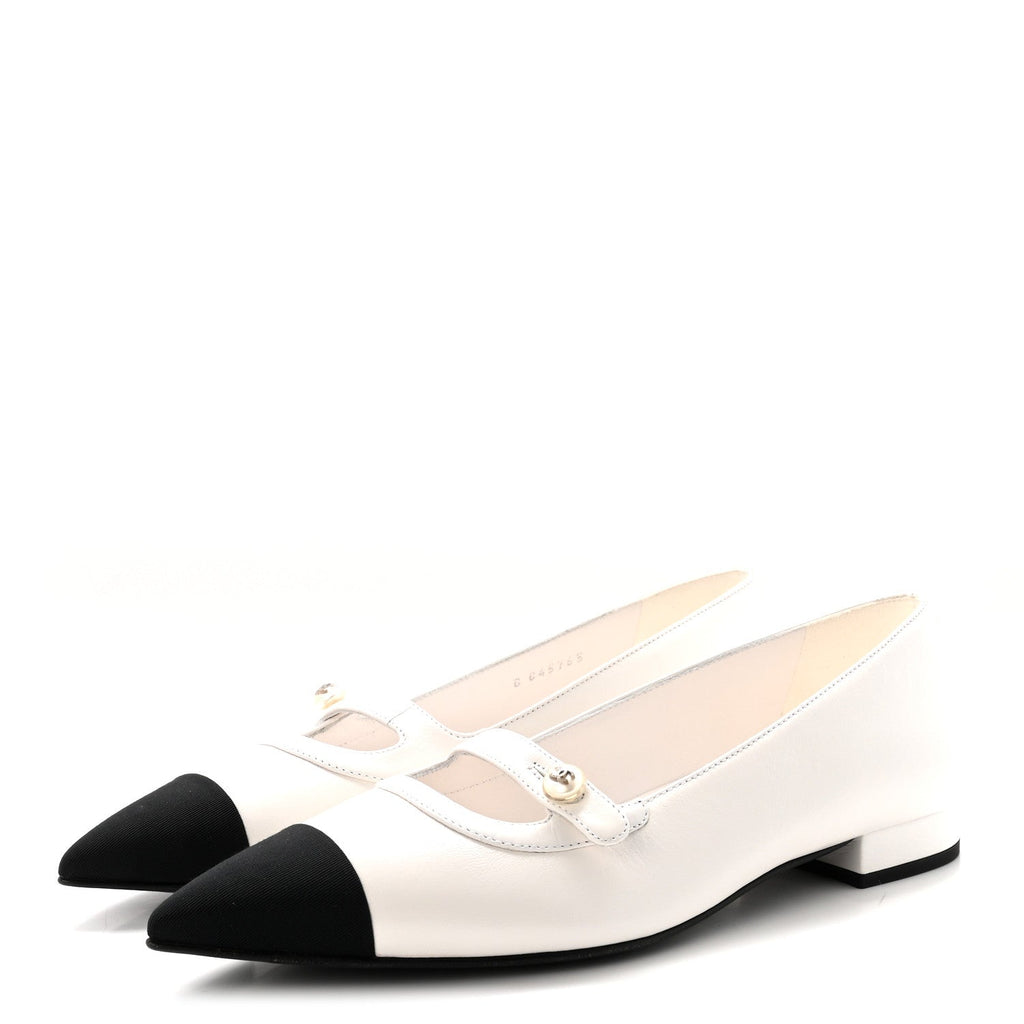 Shiny Lambskin Grosgrain Pearl Mary Janes Flats 37.5 White Black
