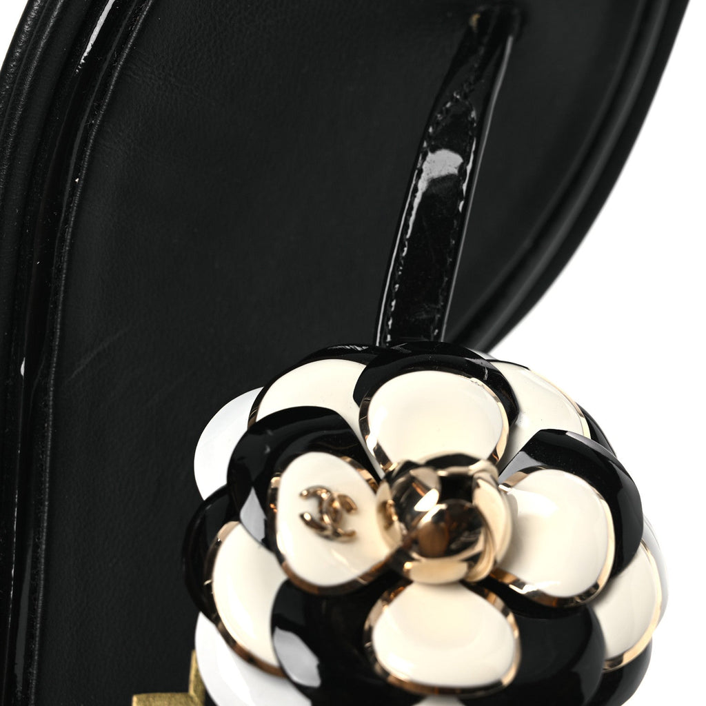 Patent Calfskin Camellia Thong Sandals 37 Black White