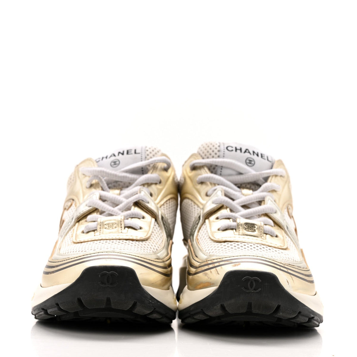 Fabric Laminated Calfskin Stretch CC Sneakers 36.5 White Gold Silver