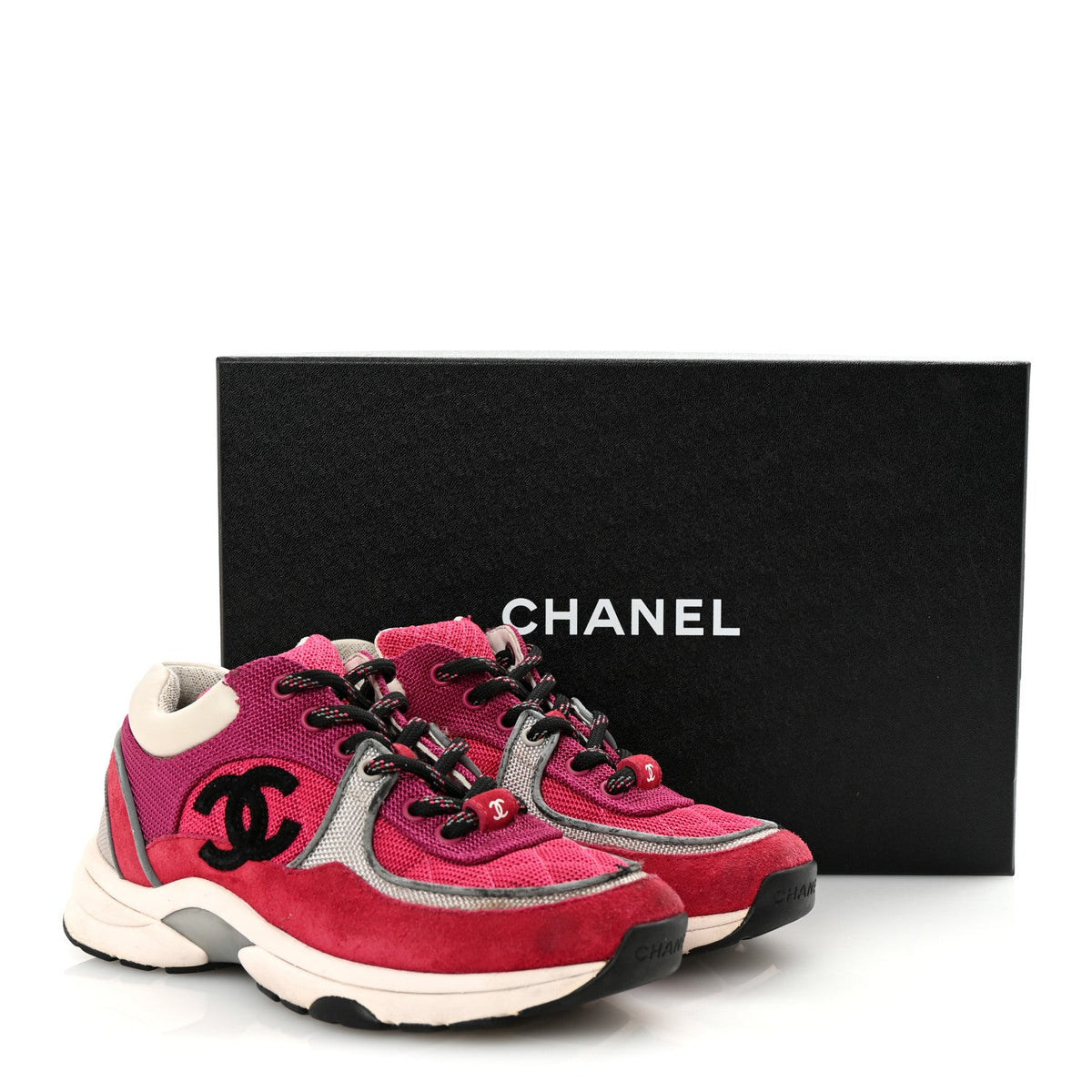 Mesh Suede Calfskin Womens CC Sneakers 35 Dark Pink Silver