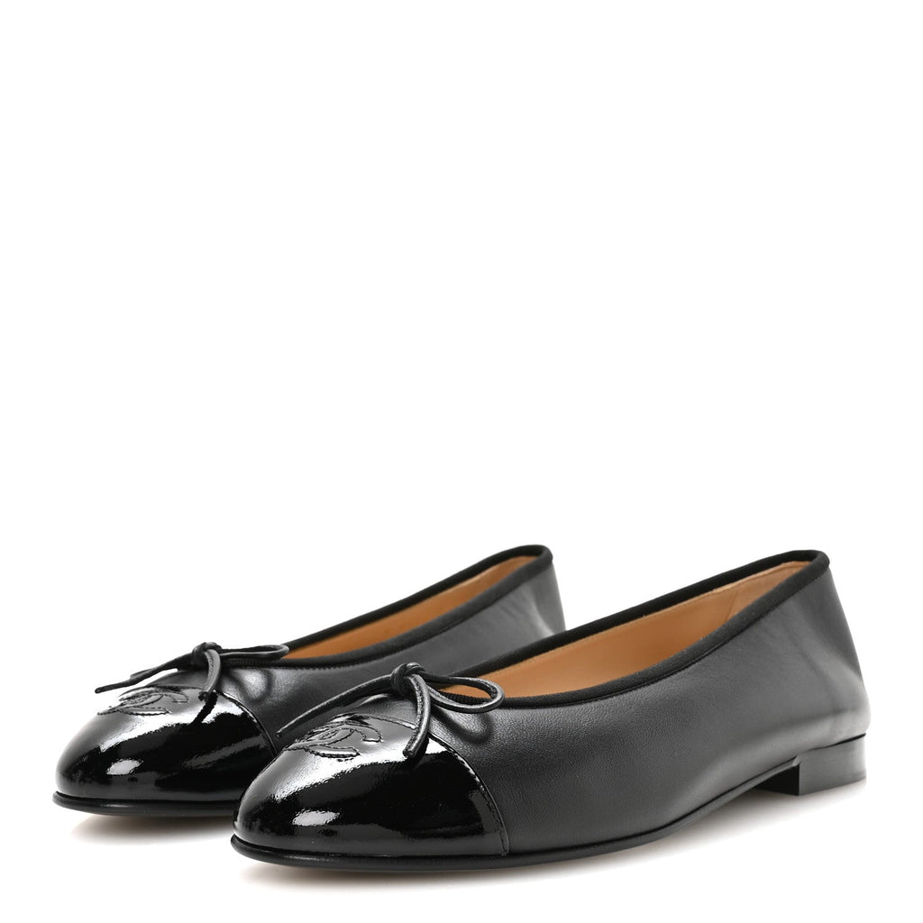 Lambskin Patent Cap Toe Ballerina Flats 39.5 Black
