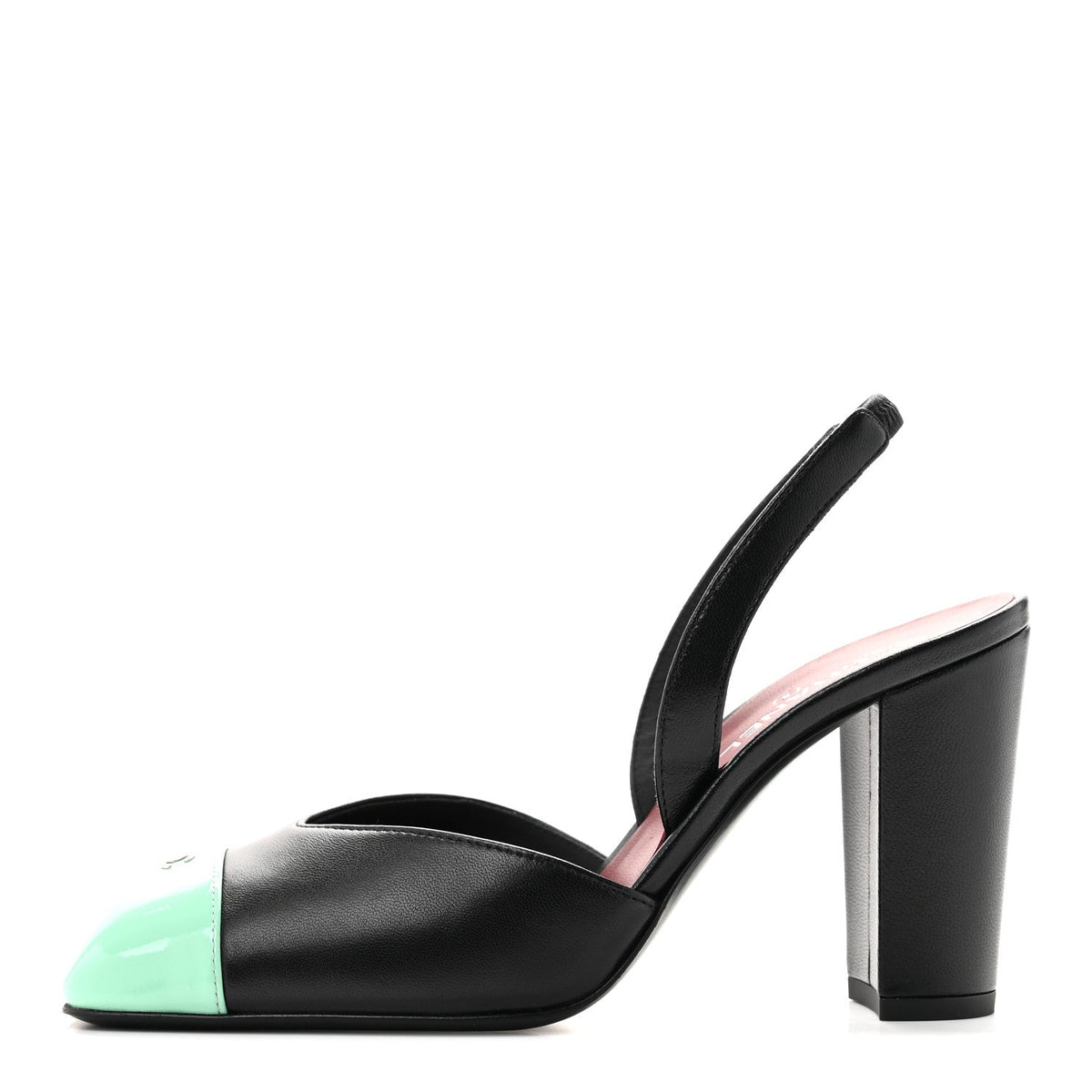 Lambskin Patent Calfskin Square Cap Toe CC Slingback Pumps 36.5 Black Green