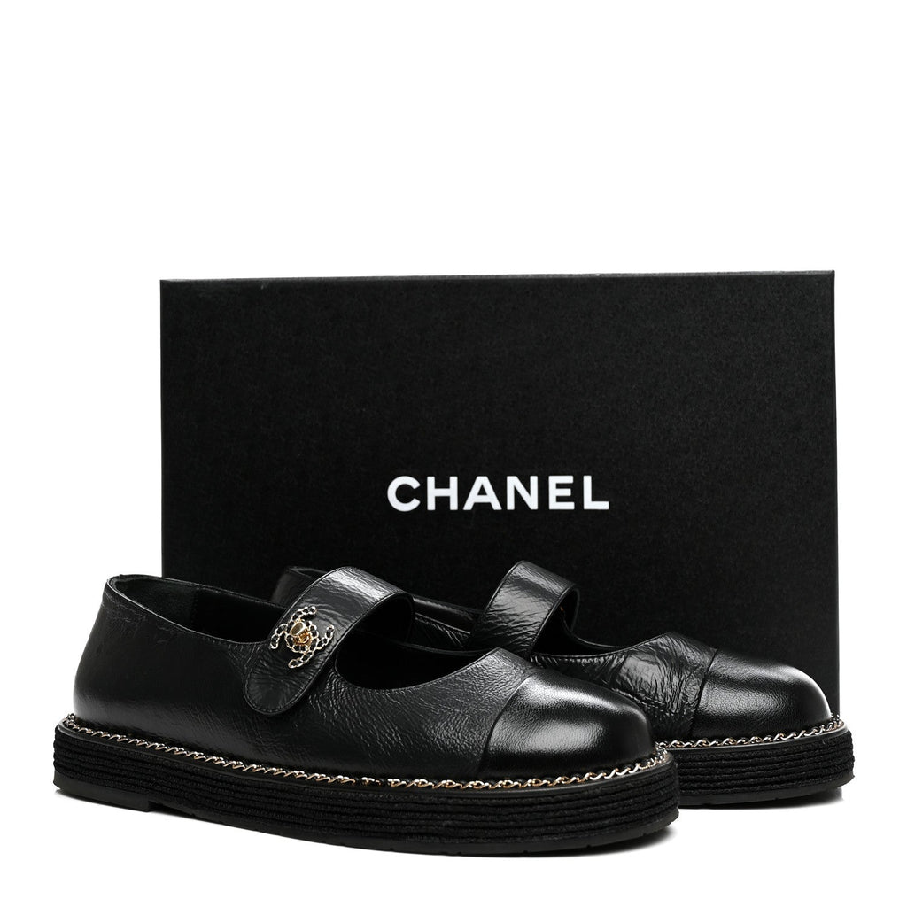Crumpled Lambskin Cap Toe Chain CC Turnlock Mary Jane Flats 35 Black