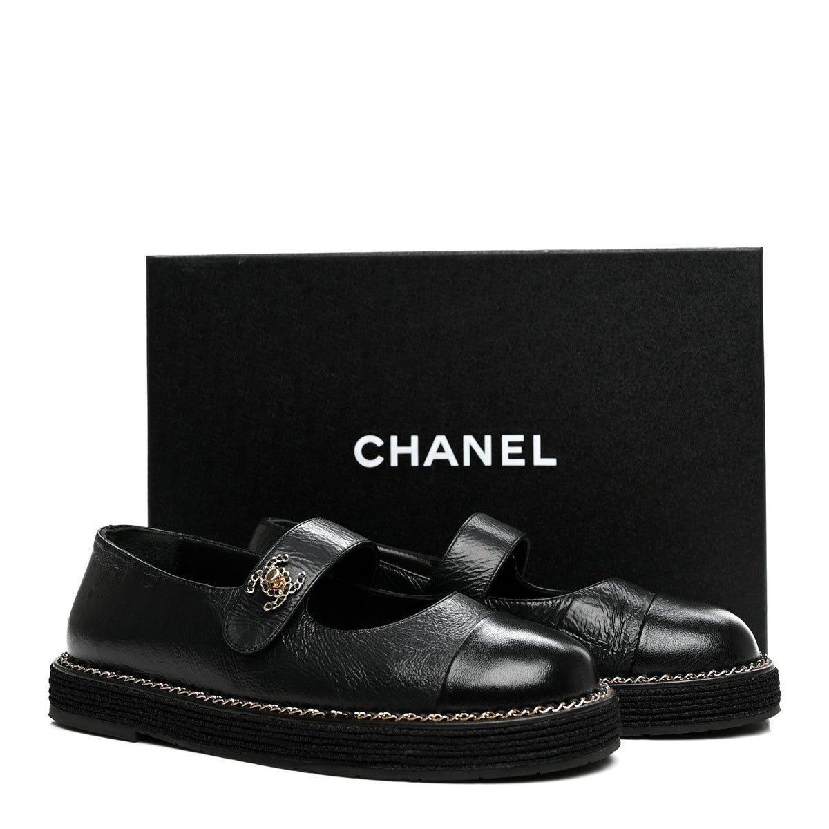 Crumpled Lambskin Cap Toe Chain CC Turnlock Mary Jane Flats 35 Black