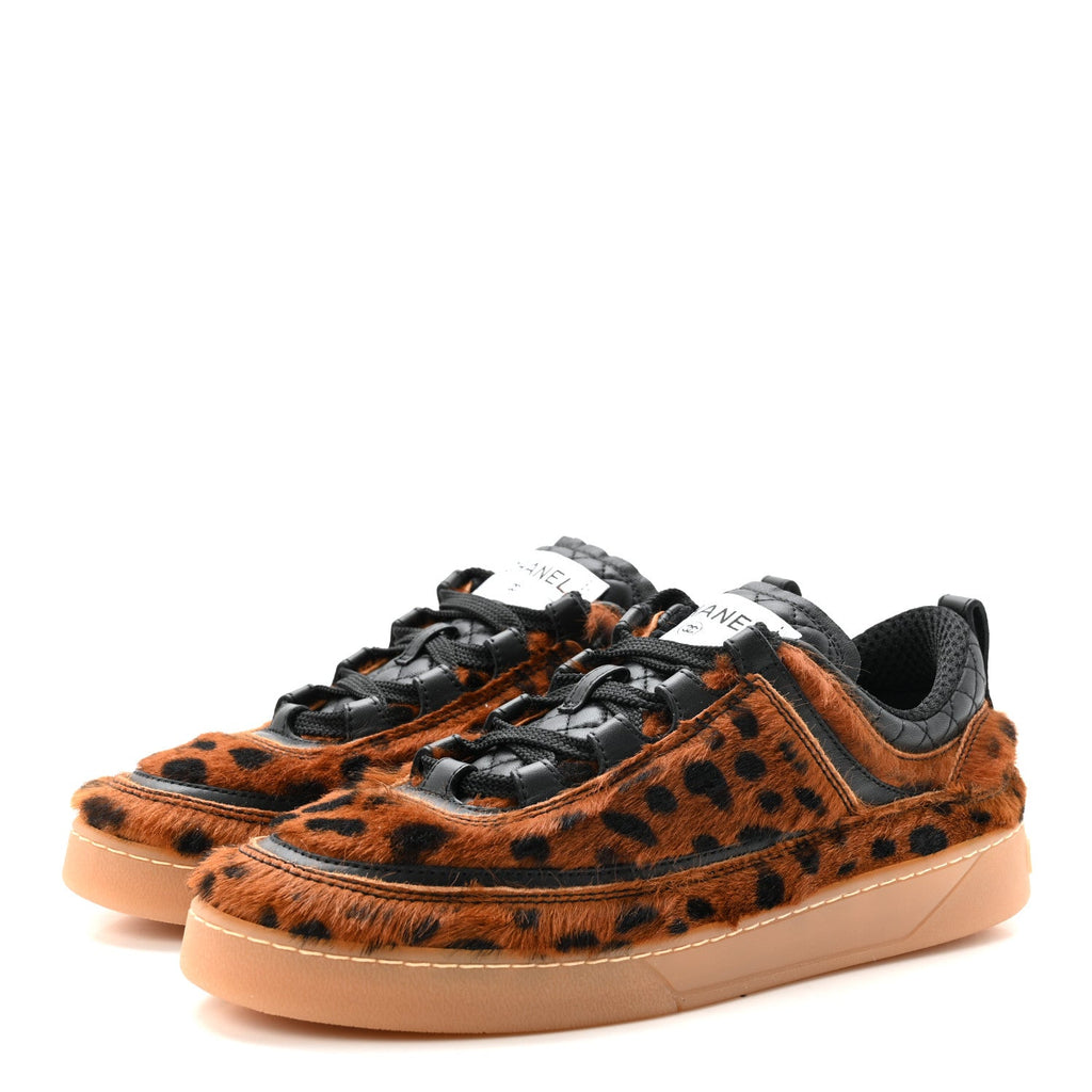 Lambskin Cheetah Print Quilted Sneakers 38.5 Brown Black