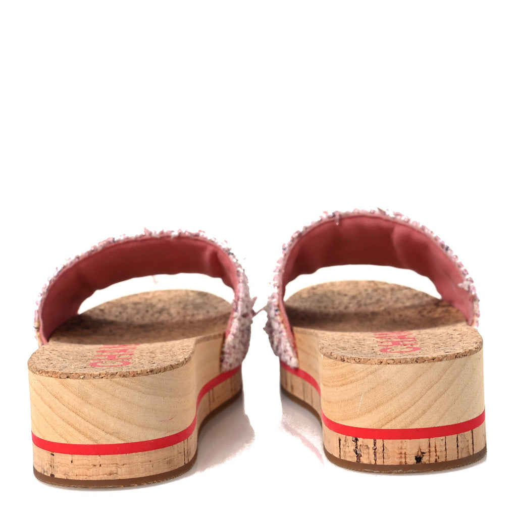 Tweed Lambskin Cork CC Mule Sandals 36 Pink Red