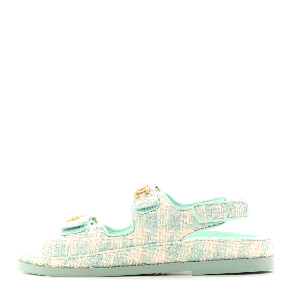Wool Tweed Velcro Dad Sandals 37.5 Light Blue Ivory