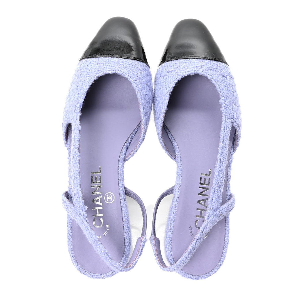 Iridescent Wool Tweed Patent Cap Toe CC Slingback Flats 36 Light Purple Silver Black
