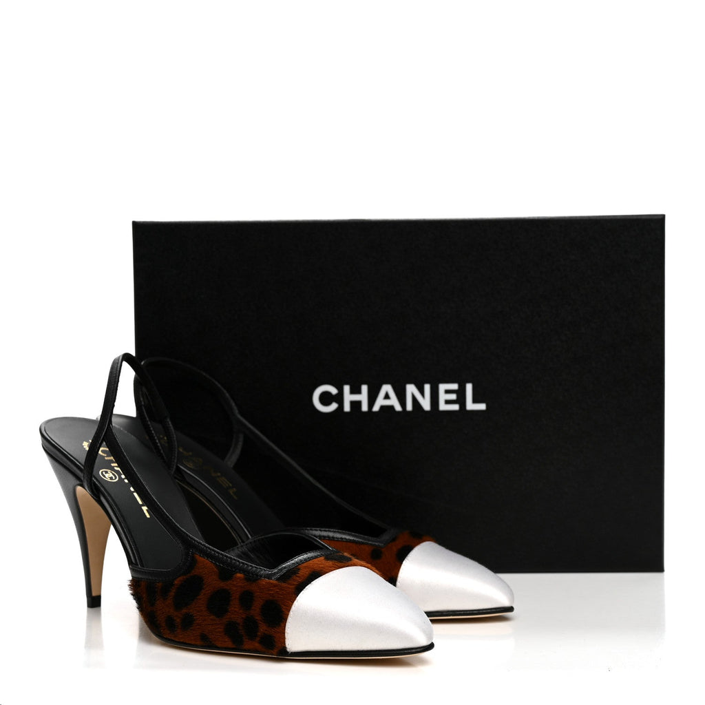 Lambskin Mixed Fibers Cap Toe CC Slingback Pumps 38.5 Brown Black White