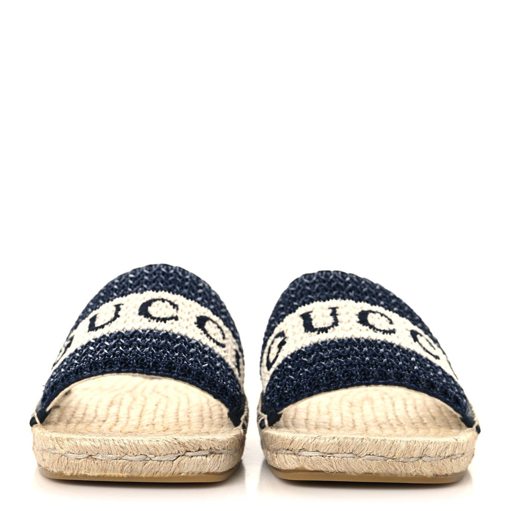 Macrochet Raffia Logo Flat Slide Espadrille Sandals 37.5 Blue Great White