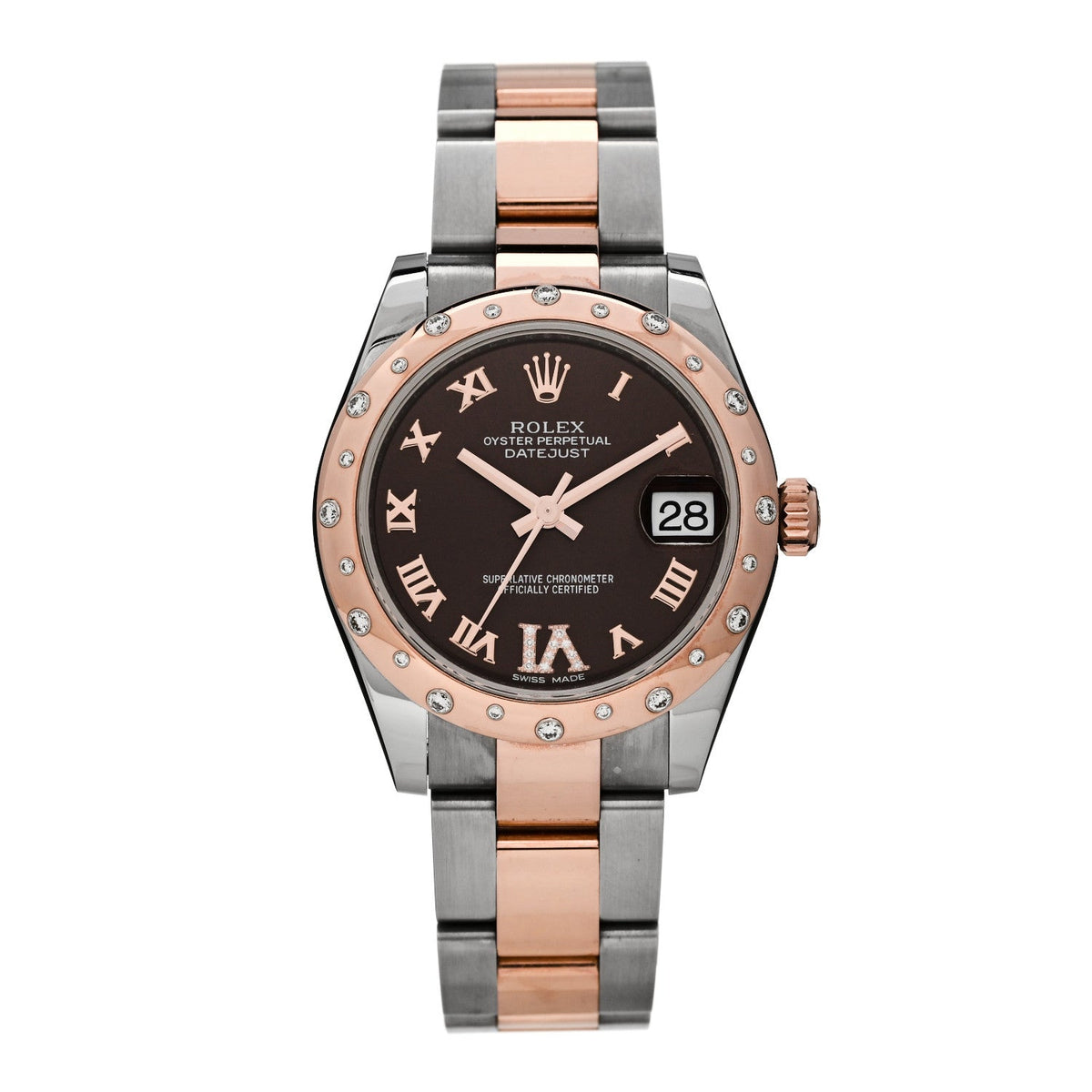 Stainless Steel 18K Everose Gold Diamond 31mm Oyster Perpetual Datejust Watch Chocolate Roman 178341