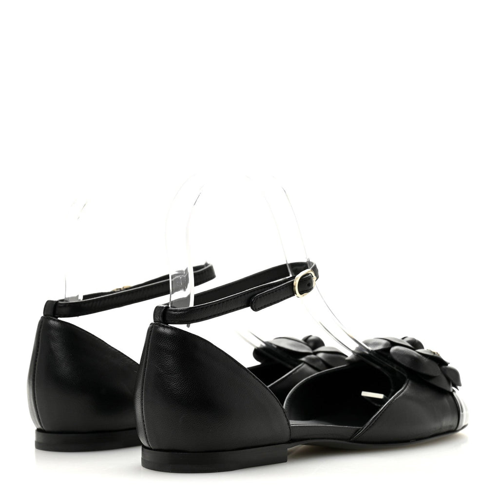Lambskin Patent Calfskin Cap Toe Camellia Mary Jane Flats 36 Black
